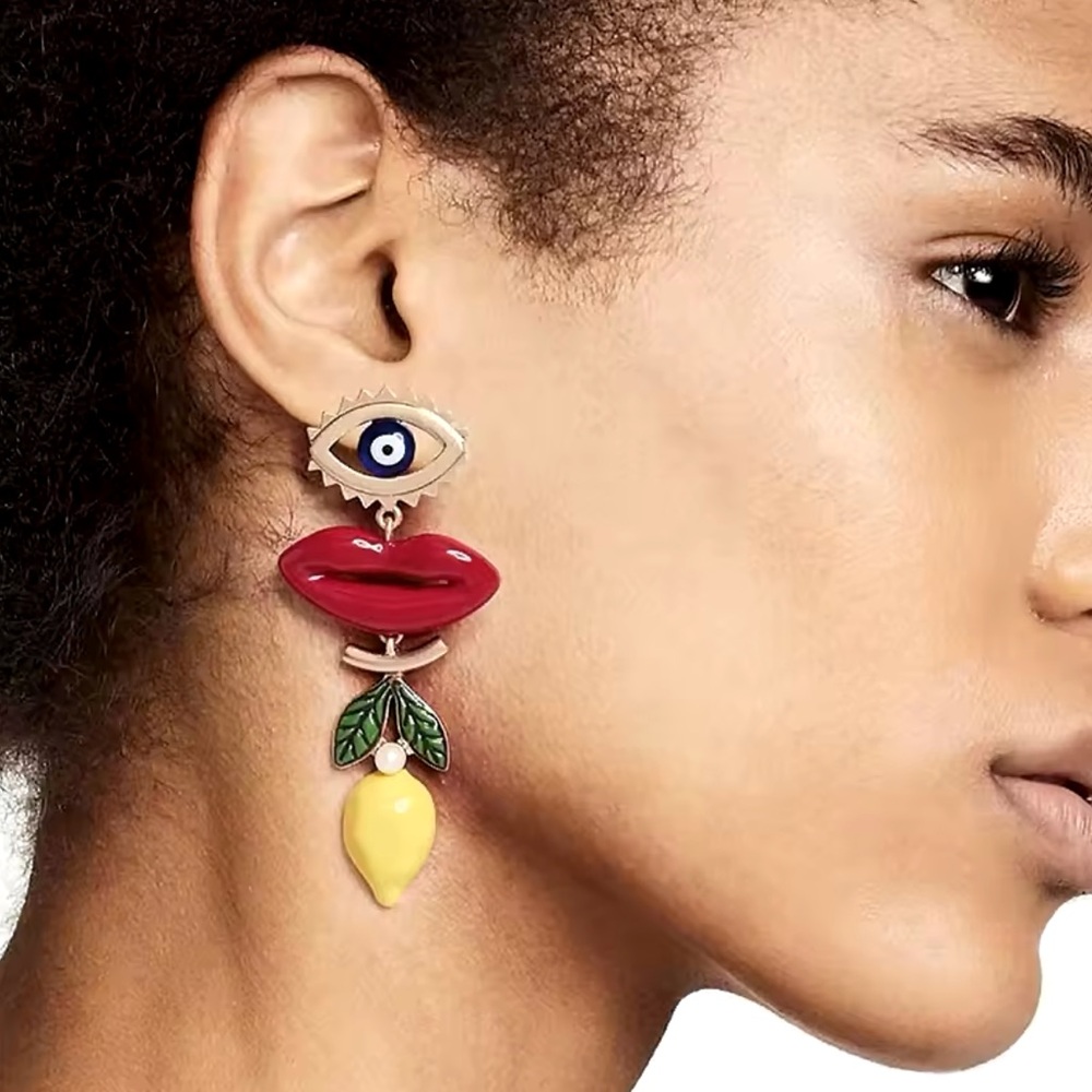 Trendy Lemon Drip Oil Lipstick Shape Charms Long Earrings
